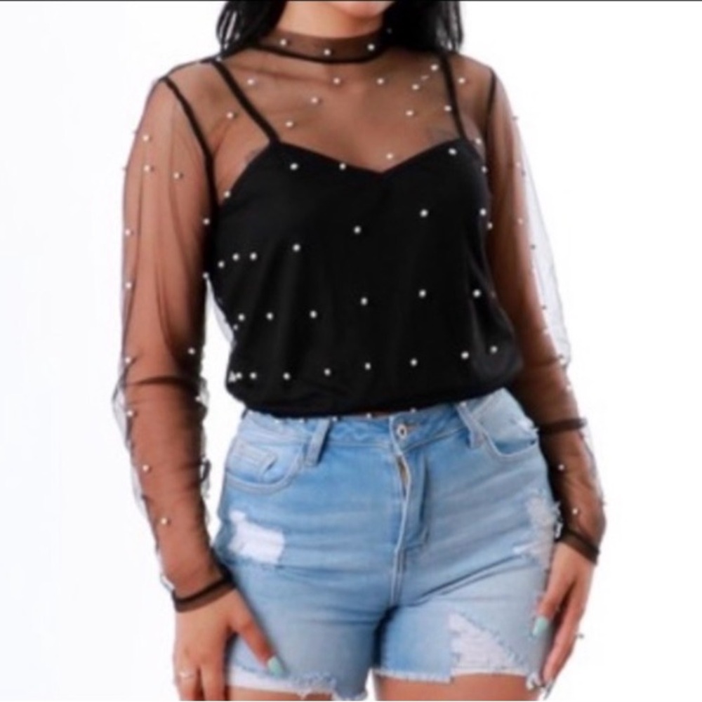 Zenobia Sheer Pearl-Embellished Black Long-Sleeve Top